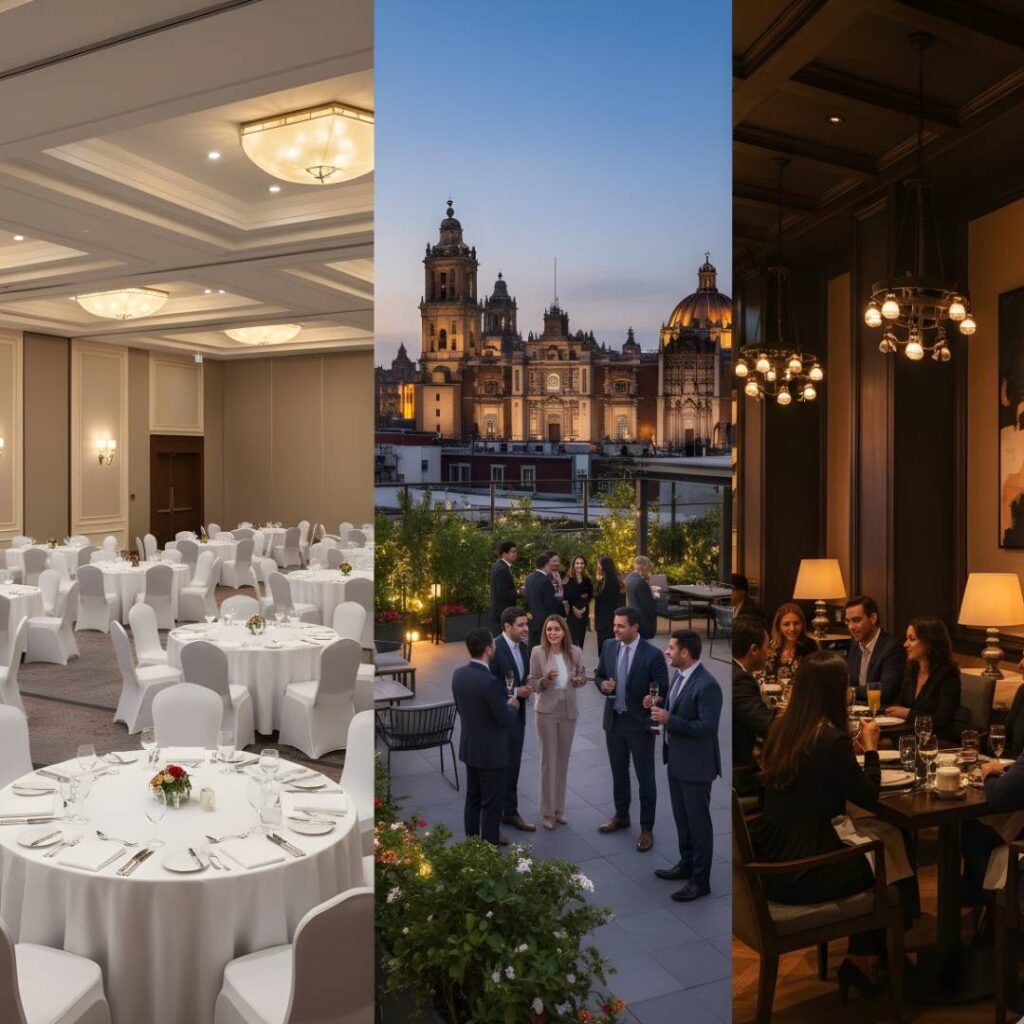 Comparativa de lugares tradicionales para cena empresarial en CDMX: salón, terraza y restaurante.