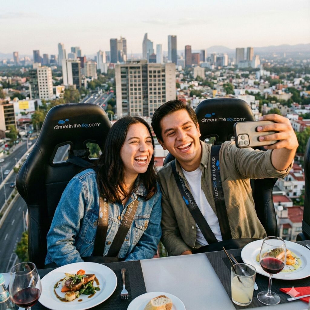 Plano medio de la plataforma de Dinner in the Sky suspendida en el aire, con comensales brindando y una vista urbana impresionante de fondo (atardecer o noche).